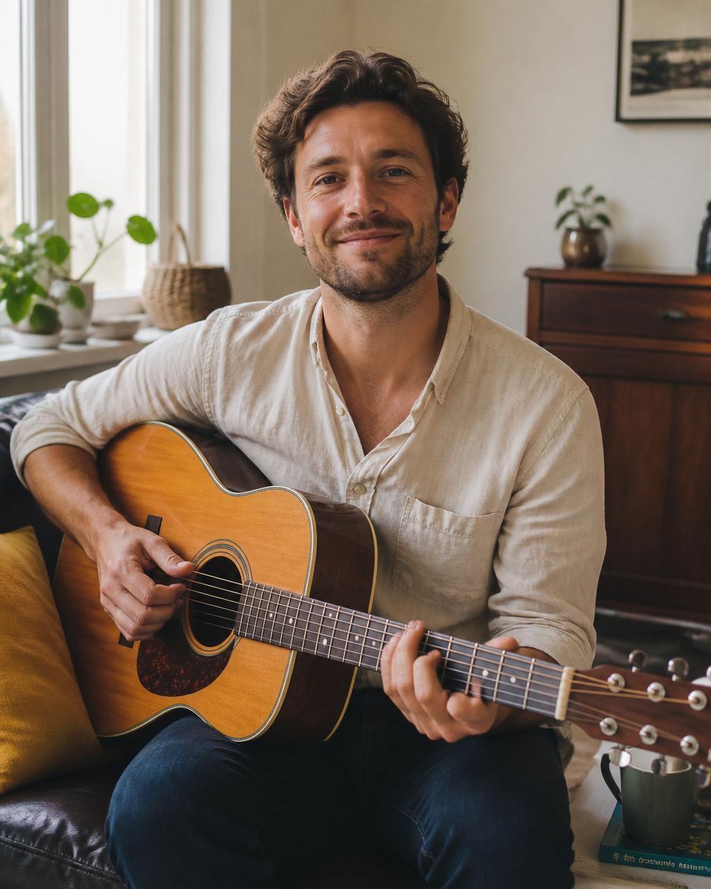 Gitaardocent Sam met zijn akoestische gitaar